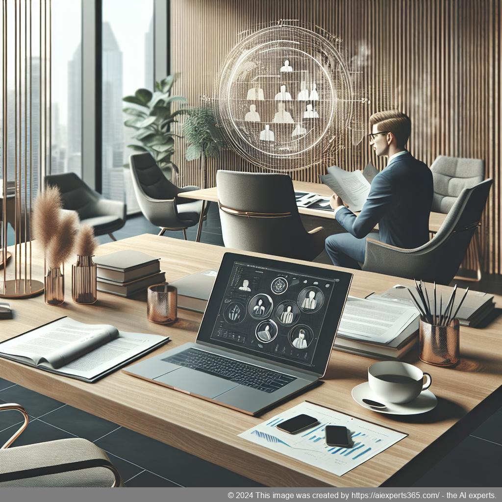 Grafik zeigt einen modernen Arbeitsplatz mit Laptop und Dokumenten im Kontext einer virtuellen Geschäftsadresse.