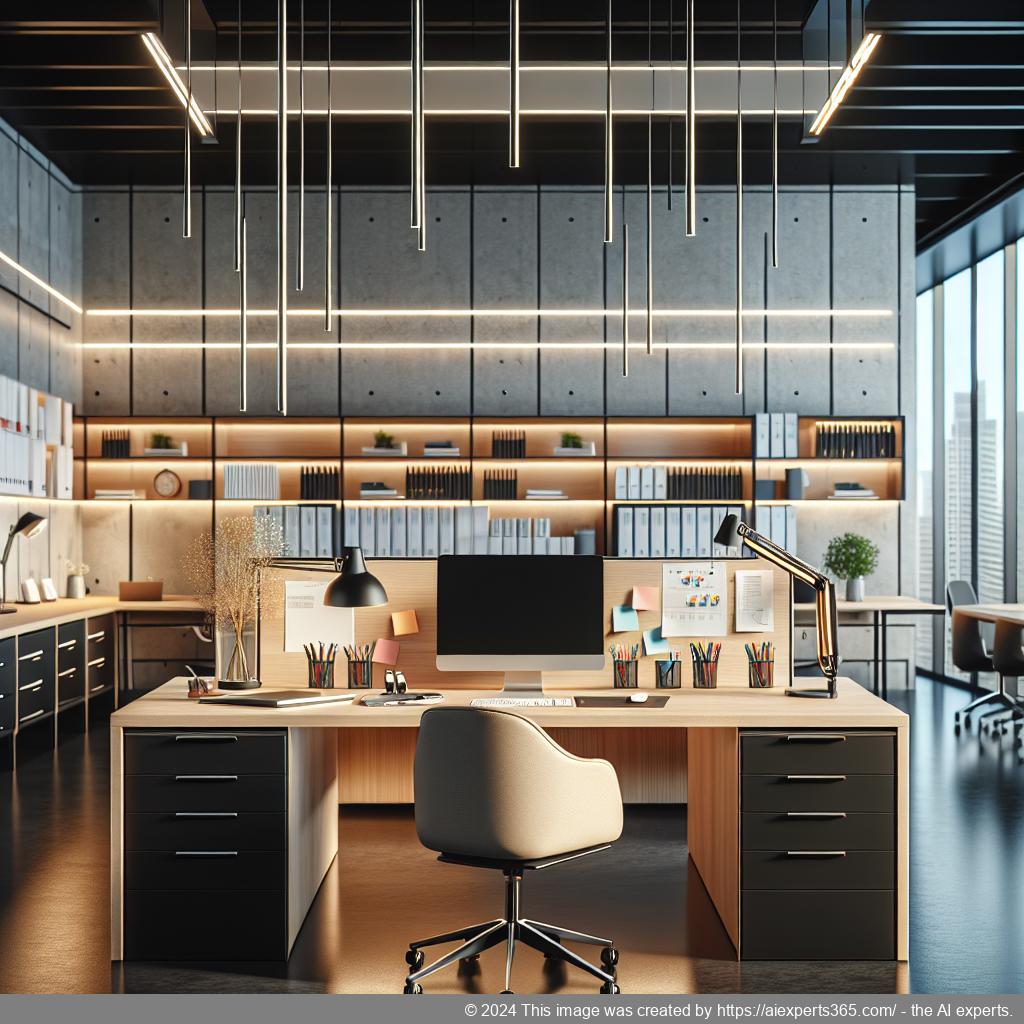 Professionelle Geschäftsadresse: Ein moderner Arbeitsplatz mit einem Schreibtisch in einem Businesscenter.