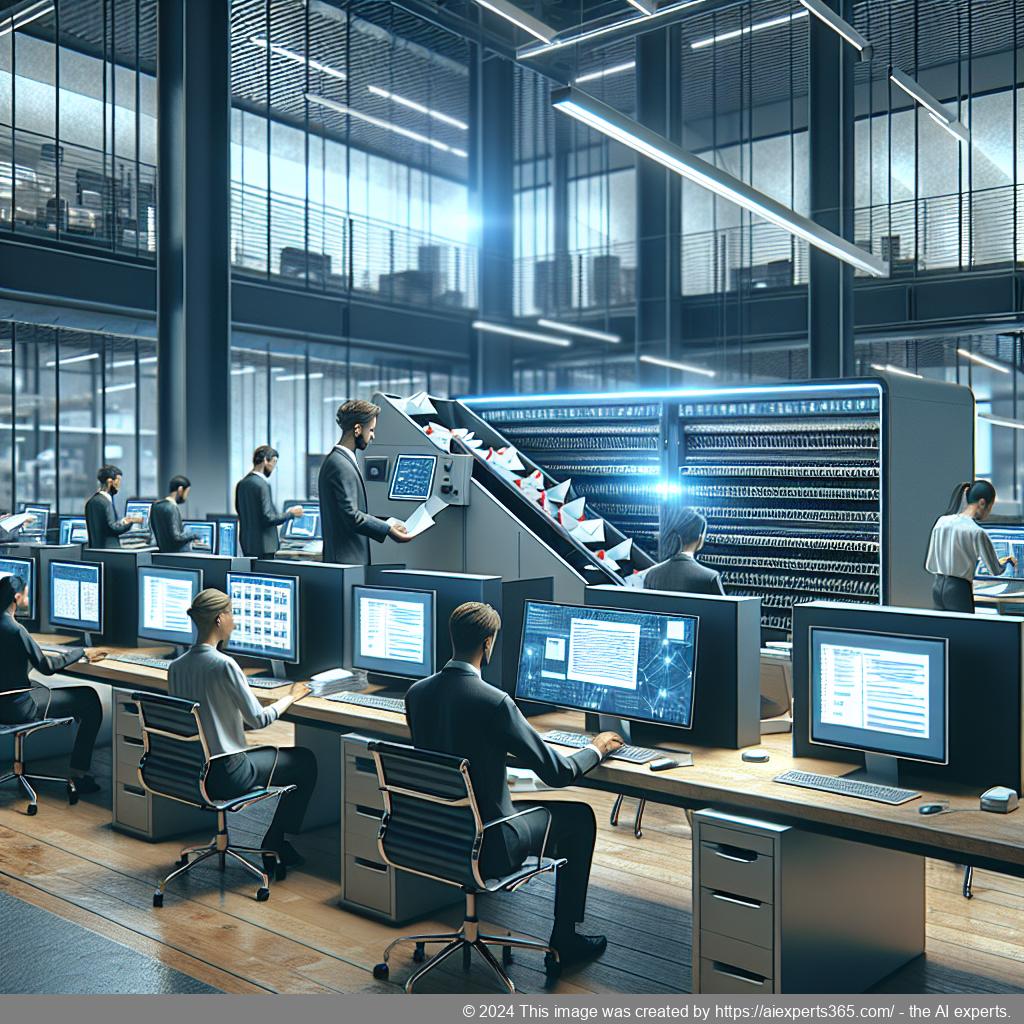 Moderne Büroumgebung mit digitalisierten Dokumenten und Mitarbeitern bei der Arbeit an der Optimierung von Geschäftspost