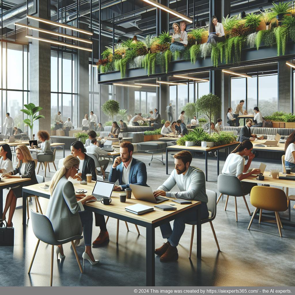 Ein modernes Coworking-Space mit verschiedenen Arbeitsplätzen und Menschen aus unterschiedlichen Branchen bei der Arbeit.