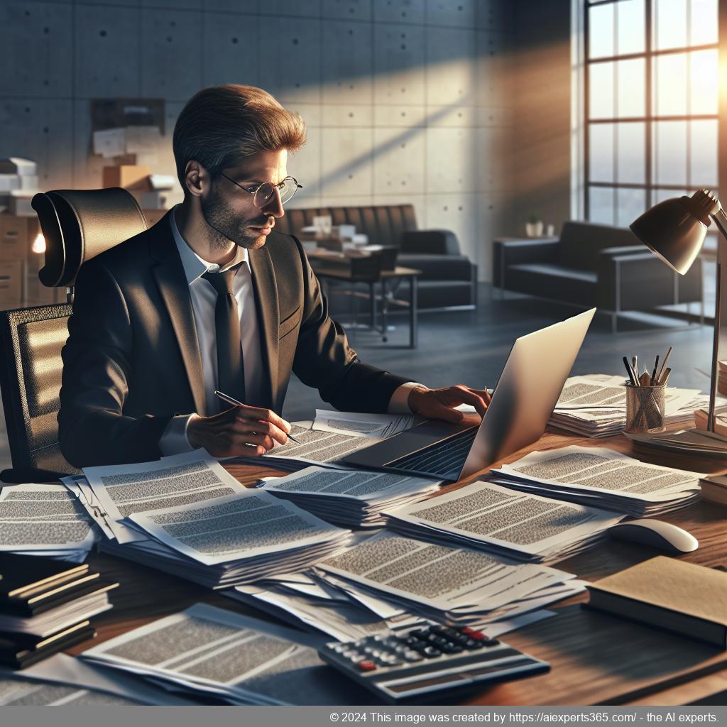 Illustration eines deutschen Unternehmers bei der Gründung seiner GmbH mit Dokumenten und Laptop.