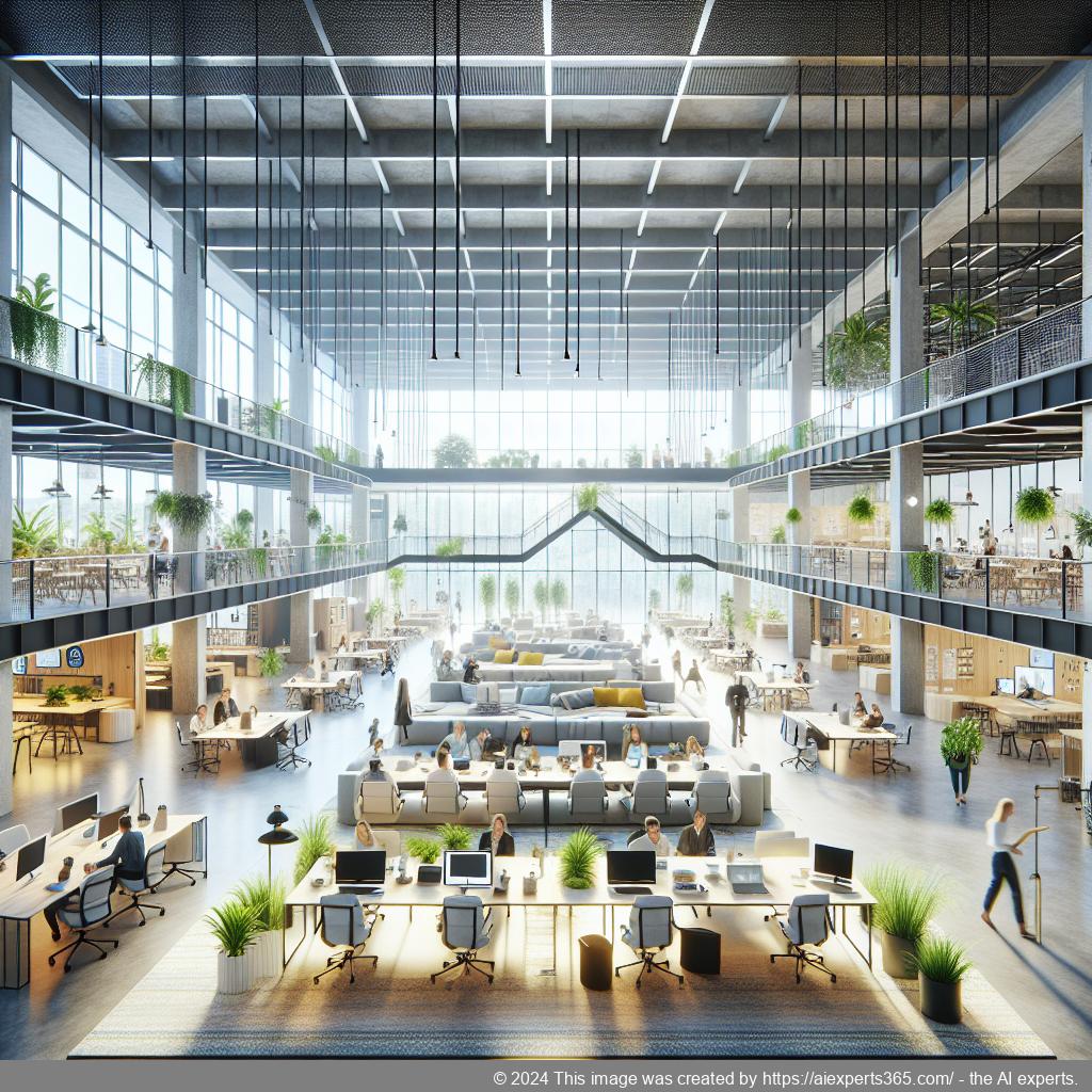 Moderne Coworking-Space-Einrichtung mit vielfältigen Arbeitsbereichen für Gewerbetreibende