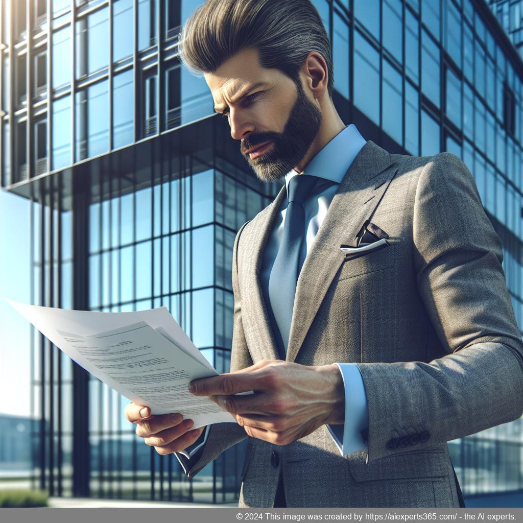 Geschäftsmann betrachtet Dokumente vor dem Hintergrund eines modernen Bürogebäudes - Symbol für professionelle ladungsfähige Adressmiete