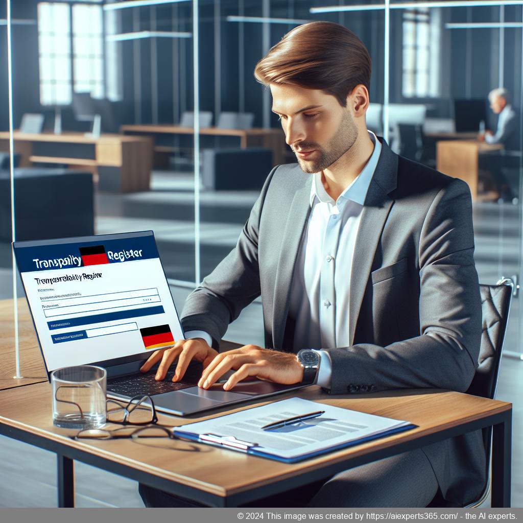 Illustration eines Geschäftsinhabers aus Deutschland bei der Anmeldung im Transparenzregister online.