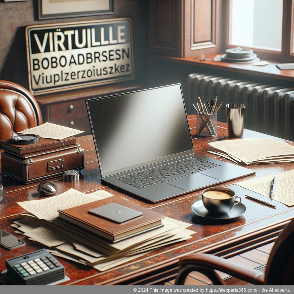 Eine Person arbeitet an einem Laptop in einem modernen Büro mit einem Schild 'Virtuelle Büroadressen' im Hintergrund.