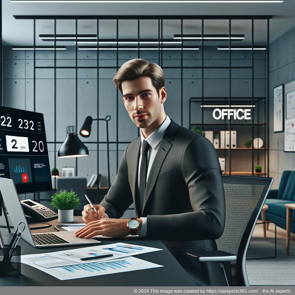 Professionelle Bürosituation mit einem deutschen Unternehmer am Schreibtisch bei der Nutzung von Büroservices.