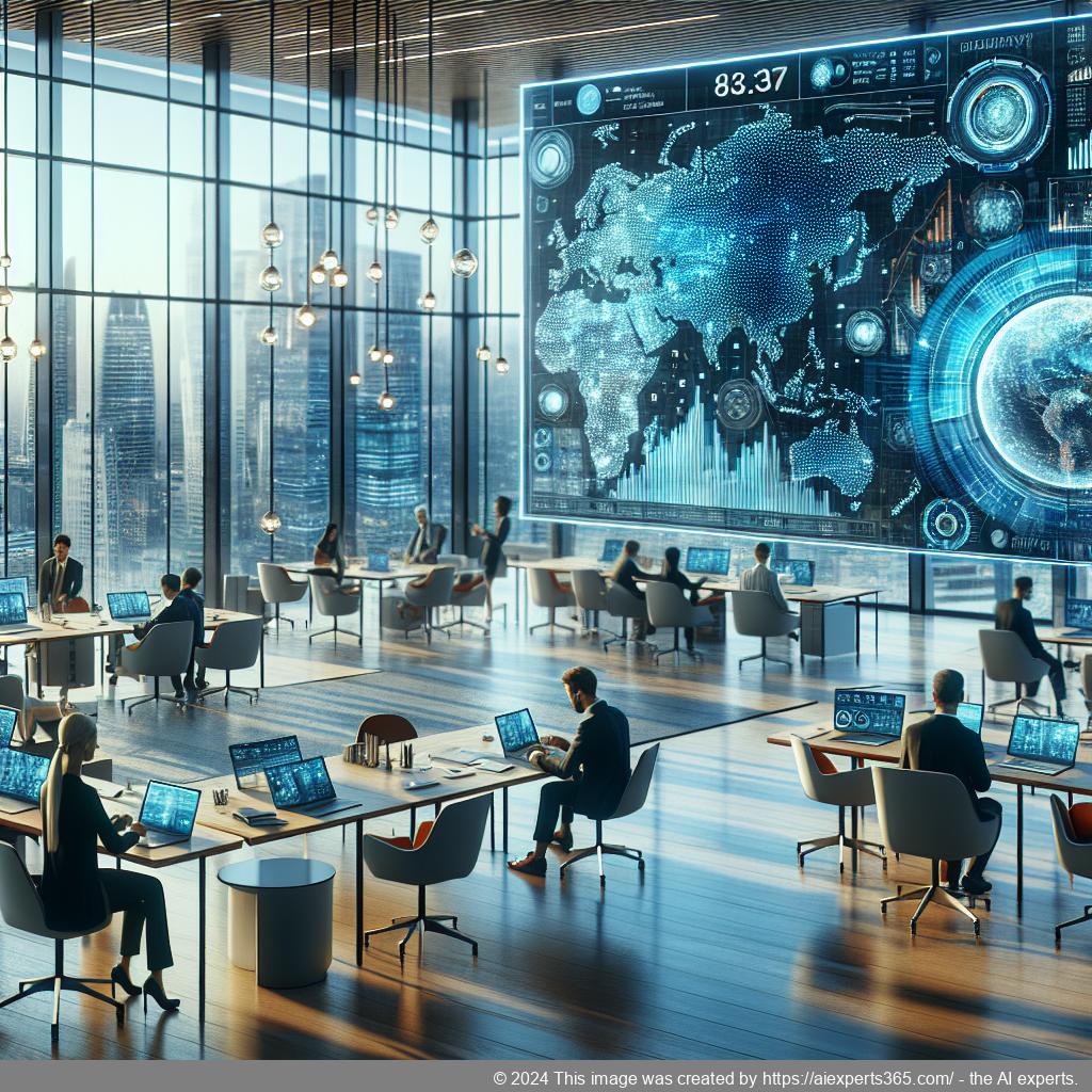 Illustration eines modernen virtuellen Büros mit digitaler Infrastruktur symbolisiert durch Netzwerklinien und globale Standortmarkierungen.