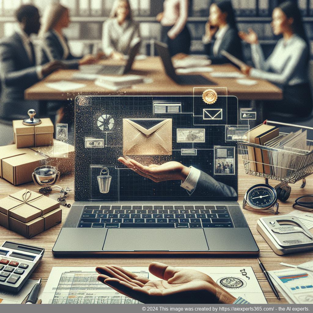 Eine moderne Darstellung einer virtuellen Geschäftsadresse mit einem Laptop und Postdiensten im Hintergrund.