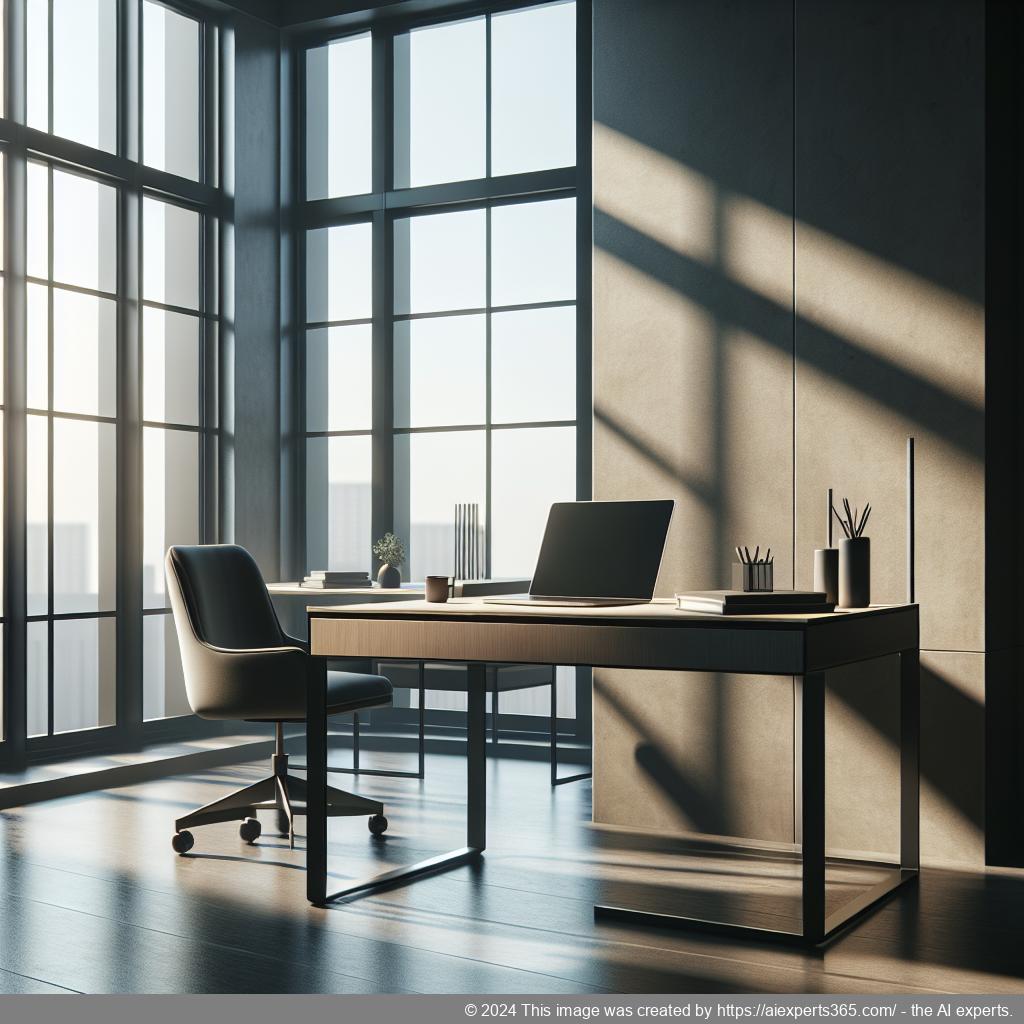 Grafik zeigt einen modernen Arbeitsplatz mit Laptop auf einem Tisch in einem hellen Raum; symbolisiert Flexibilität durch einen virtuellen Firmensitz.