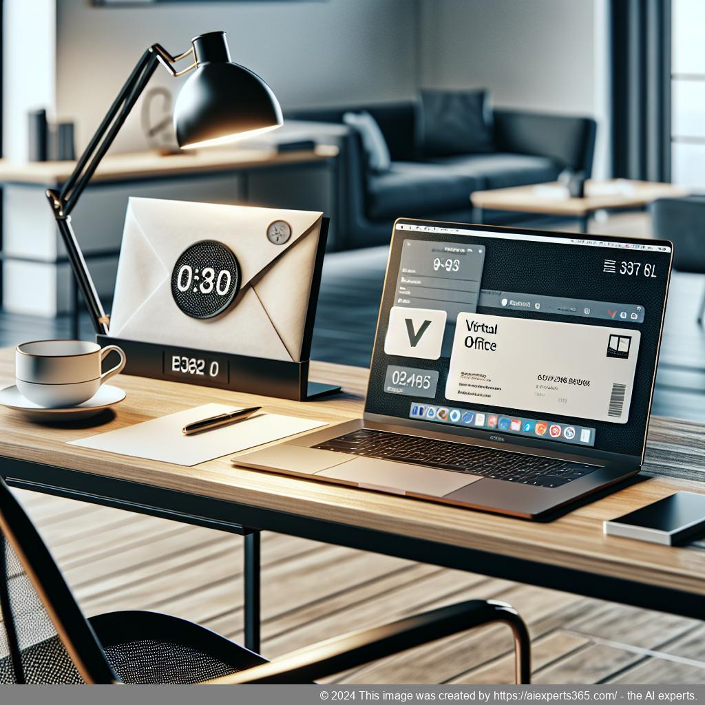 Grafik zeigt einen modernen Arbeitsplatz mit einem Laptop auf einem Schreibtisch sowie einem Briefumschlag mit einer virtuellen Büroadresse als Symbol für Kostenersparnis durch virtuelle Büroadressen.