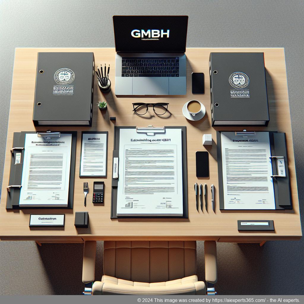 Wichtige Dokumente für die Gründung einer GmbH auf einem Schreibtisch mit dem Logo des Businesscenters Niederrhein im Hintergrund