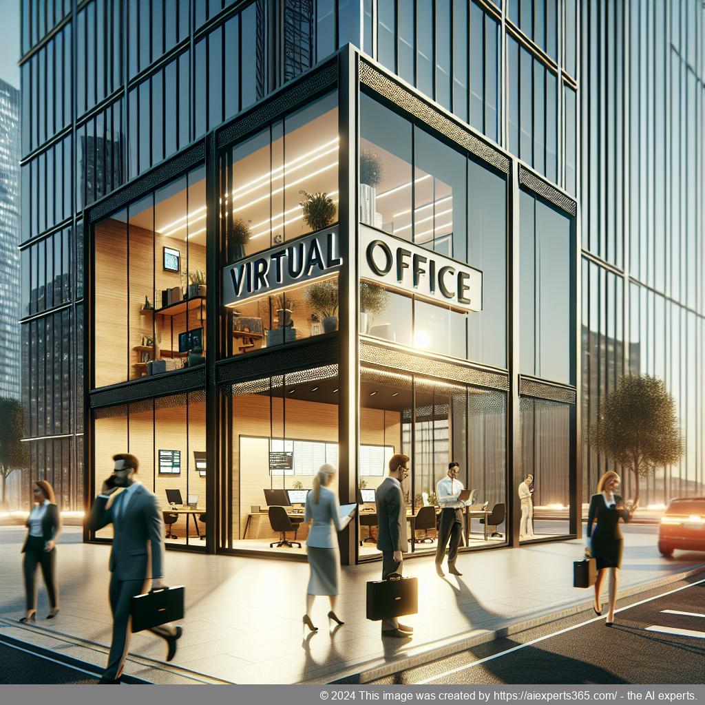 Ein modernes Bürogebäude mit dem Hinweis auf einen virtuellen Firmensitz - symbolisiert Flexibilität und Kosteneffizienz im Geschäftsleben.