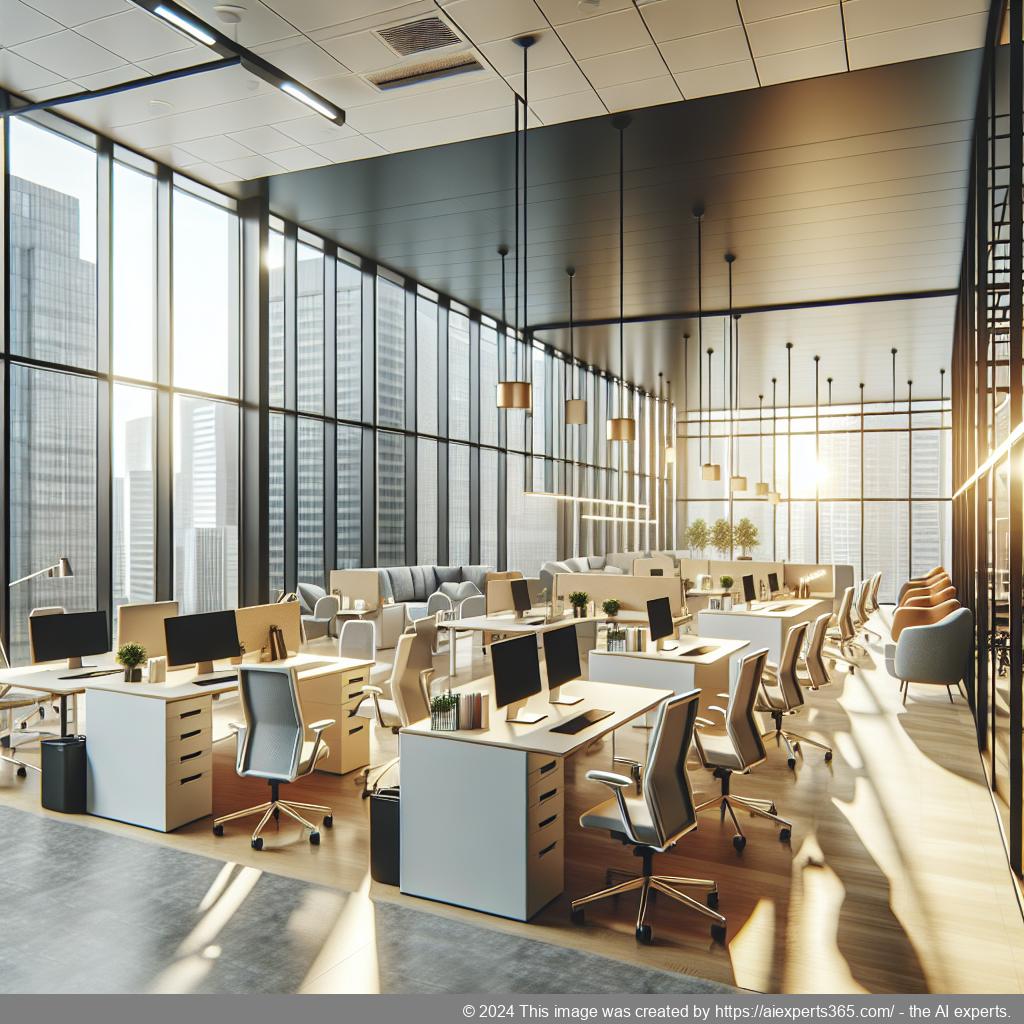 Moderne flexible Büroräume mit offenen Arbeitsplätzen in einem hell erleuchteten Gebäude in Krefeld