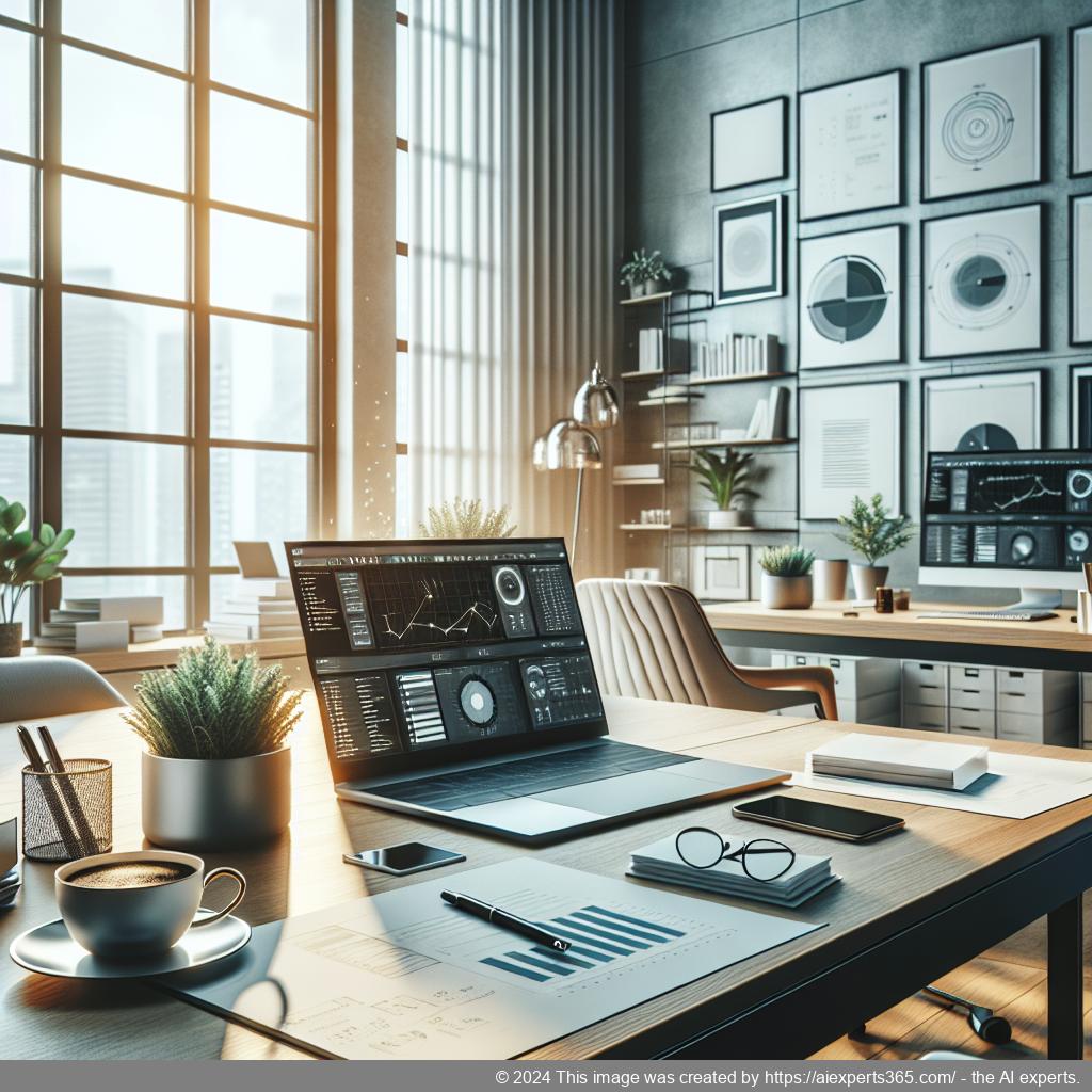 Ein modernes Büro mit einem Laptop auf einem Tisch zeigt das Konzept eines virtuellen Büros.