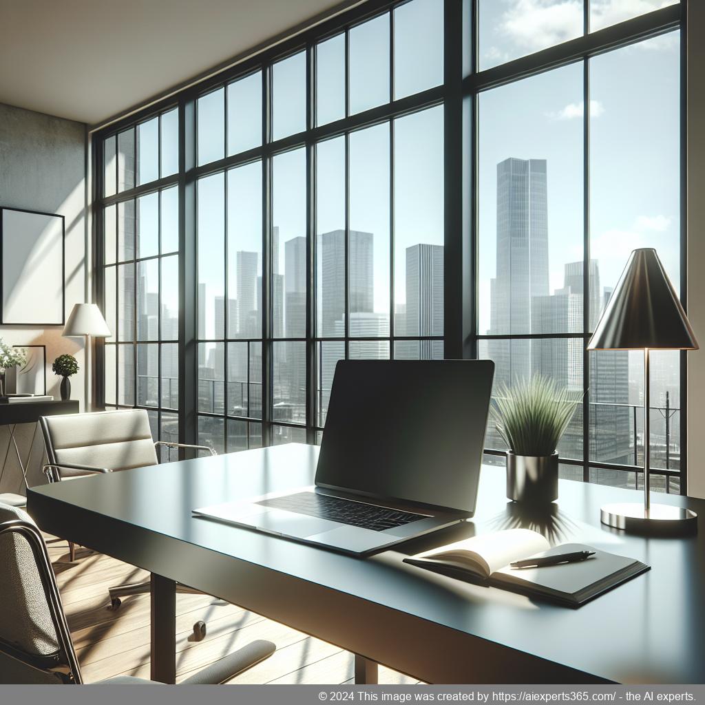 Ein Bild zeigt einen leeren Schreibtisch mit einem Laptop darauf vor dem Hintergrund einer Stadtansicht symbolisiert das Konzept der Kostenersparnis durch virtuelle Büroadressen