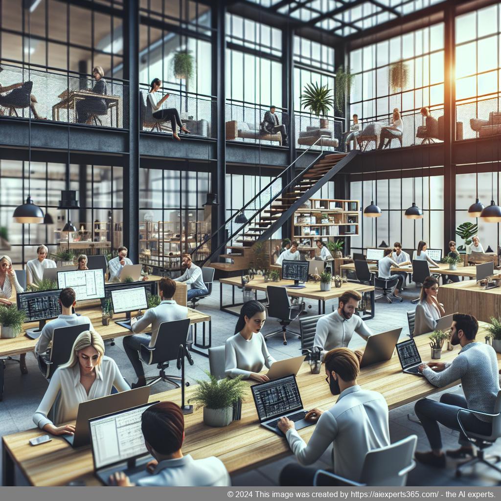 Ein modernes virtuelles Büro mit Menschen aus Westeuropa bei der Arbeit an Laptops in einem kreativen Umfeld.