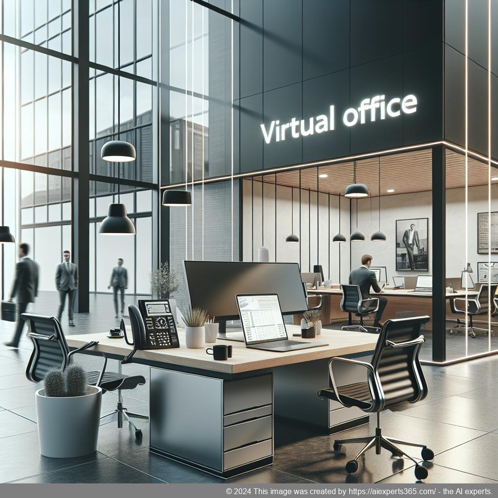 Professionelle Darstellung eines Unternehmens mit virtuellem Firmensitz; zeigt Bürogebäude mit digitaler Kommunikation.