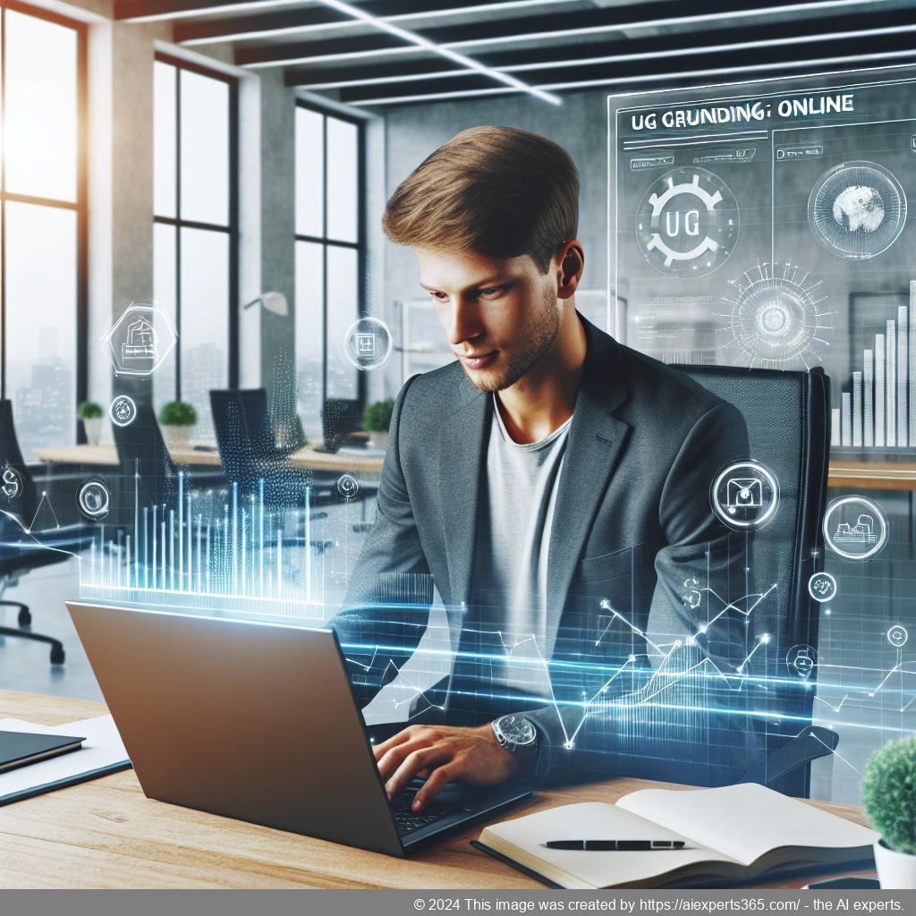 Illustration eines jungen Unternehmers beim Online-Prozess zur Gründung einer UG