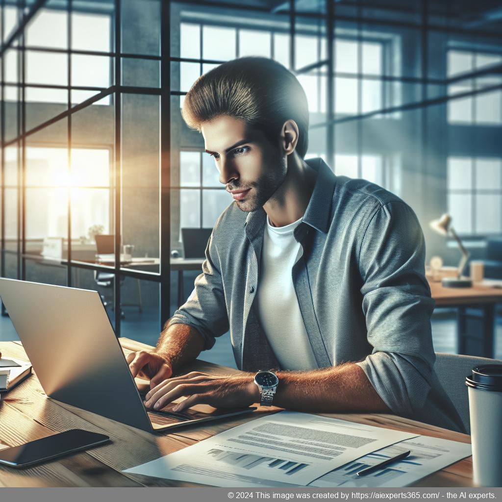 Ein Unternehmer arbeitet an seinem Laptop in einem modernen Büro mit dem Fokus auf virtuelle Dienstleistungen für Unternehmen.