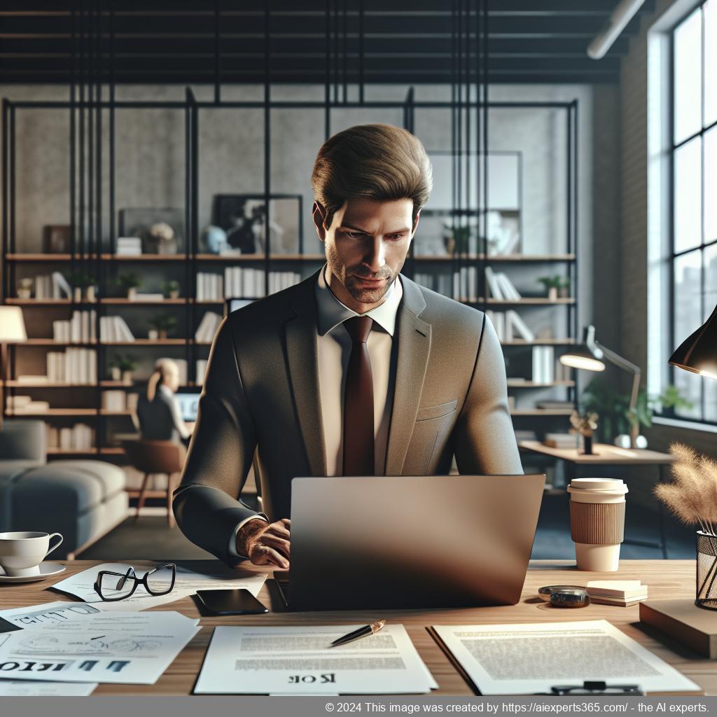 Grafik zur Gewerbeanmeldung mit Fokus auf virtuelle Büros - zeigt einen Unternehmer an einem Laptop in einem modernen Arbeitsumfeld.