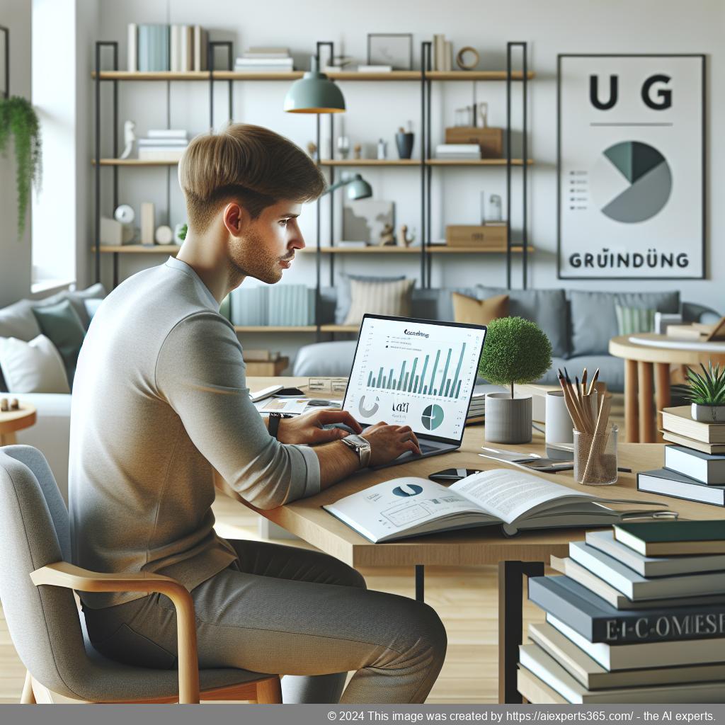 Bild eines jungen Unternehmers am Laptop plant eine UG Gründung im Bereich E-Commerce