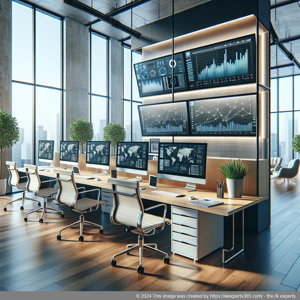 Illustration eines modern eingerichteten virtuellen Büros mit verschiedenen technologischen Geräten