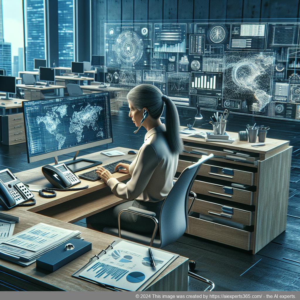 Büroarbeiterin nutzt Telefon- und Computertechnologie zur Koordination von Geschäftsaufgaben unterstützt durch einen Sekretariatsservice.