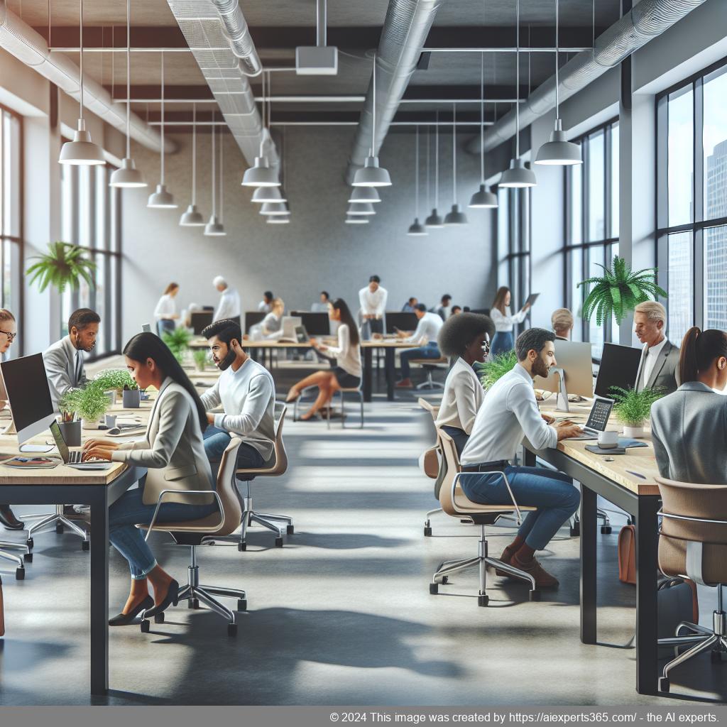 Ein modernes Coworking-Space mit Menschen aus verschiedenen Branchen beim Arbeiten an ihren Laptops; zeigt Gemeinschaftsgefühl und Professionalität.