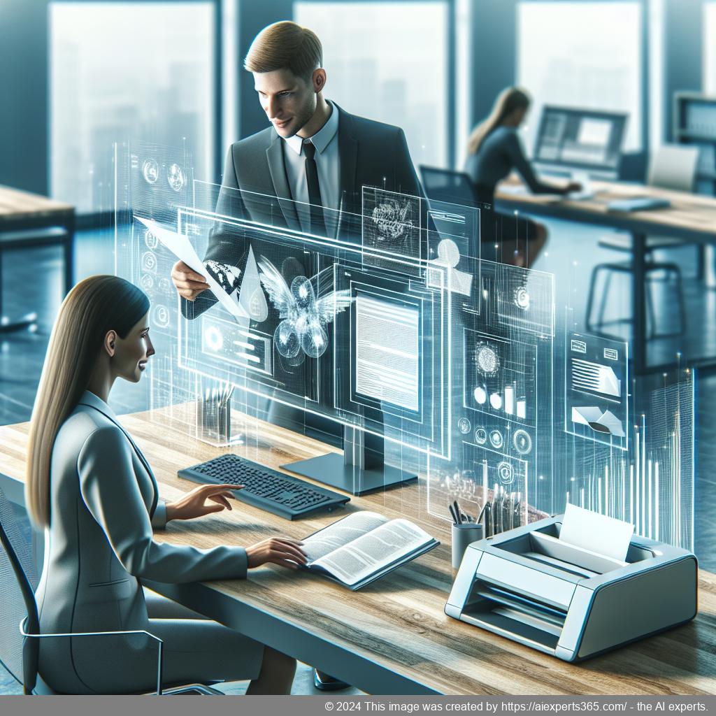 Illustration eines modernen Büros mit einem Computerbildschirm, auf dem digitale Dokumente angezeigt werden; symbolisiert den Prozess des Postdigitalisierens.