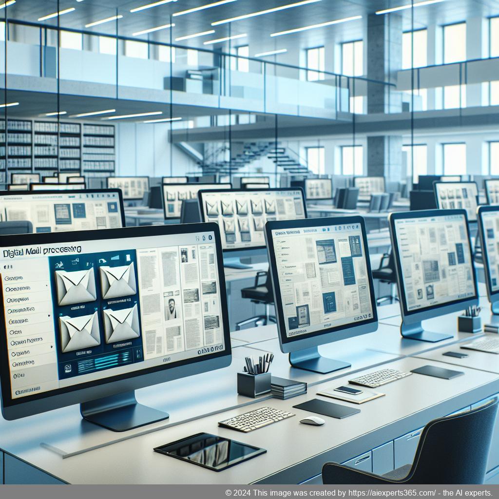 Digitales Büro mit Computerbildschirmen zeigt gescannte Briefe und Dokumente zur Illustration moderner digitaler Postbearbeitungstechnologien.