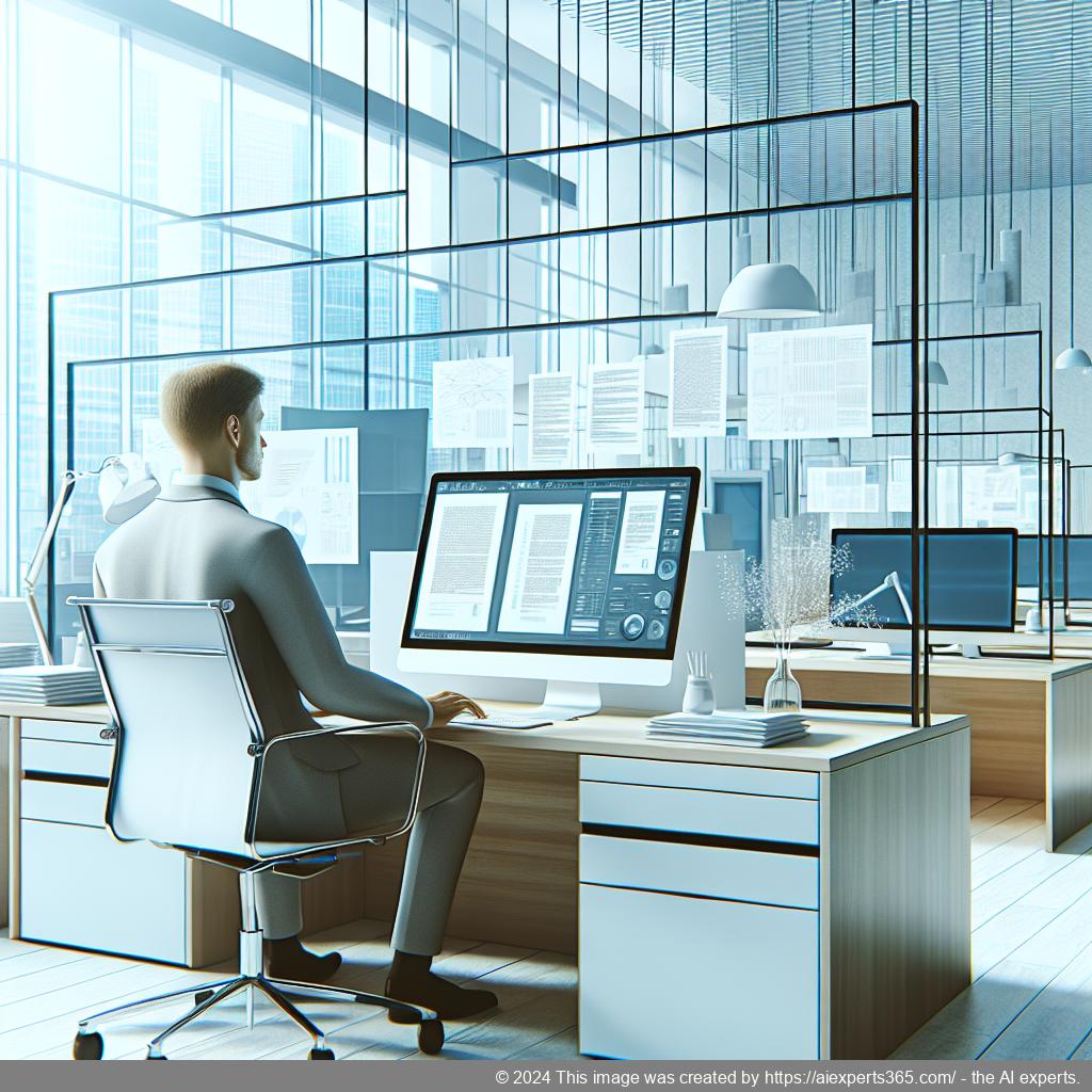 Illustration eines modernen Büros mit einem Computerbildschirm, auf dem digitale Dokumente angezeigt werden; zeigt den Prozess des Postdigitalisierens.