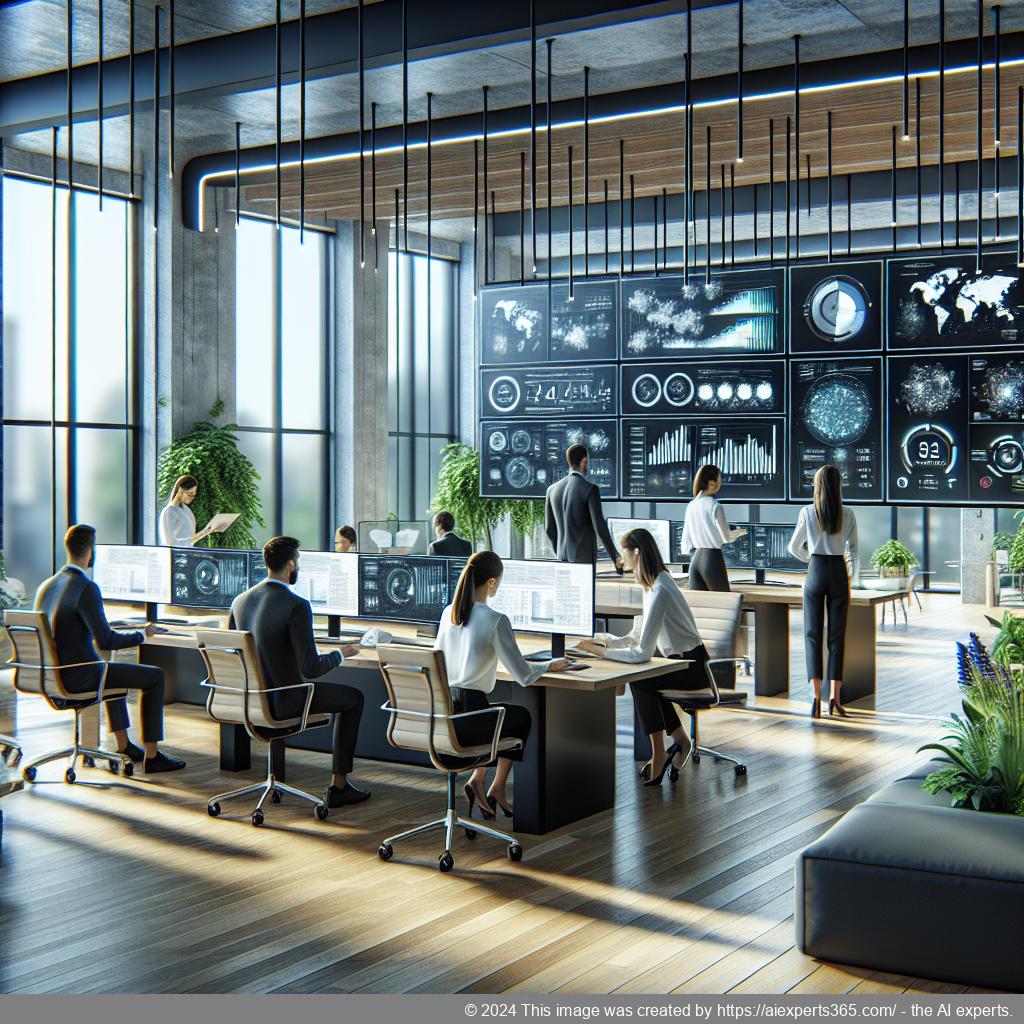 Illustration zur Postdigitalisierung in einem modernen Büro mit digitalen Dokumenten auf Bildschirmen.