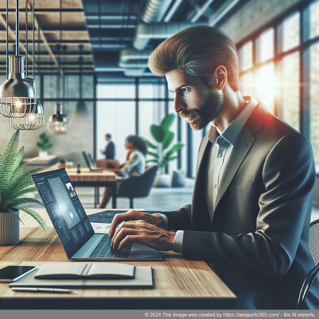 Grafik zum Thema 'Post digitalisieren' zeigt einen modernen Arbeitsplatz mit Laptop, digitalen Dokumenten und einem entspannten Unternehmer.