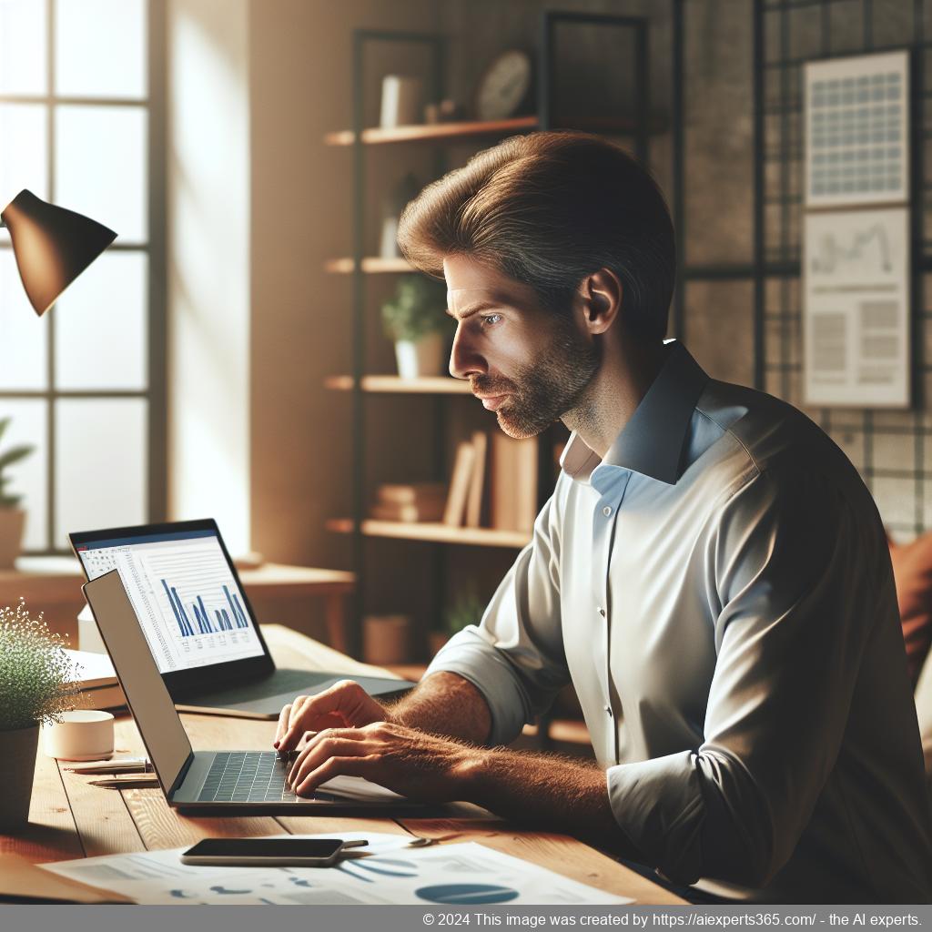 Grafik zur Illustration des Postdigitalisierungsservices: Ein Mensch arbeitet an einem Laptop mit digitalisierten Dokumenten auf dem Bildschirm.