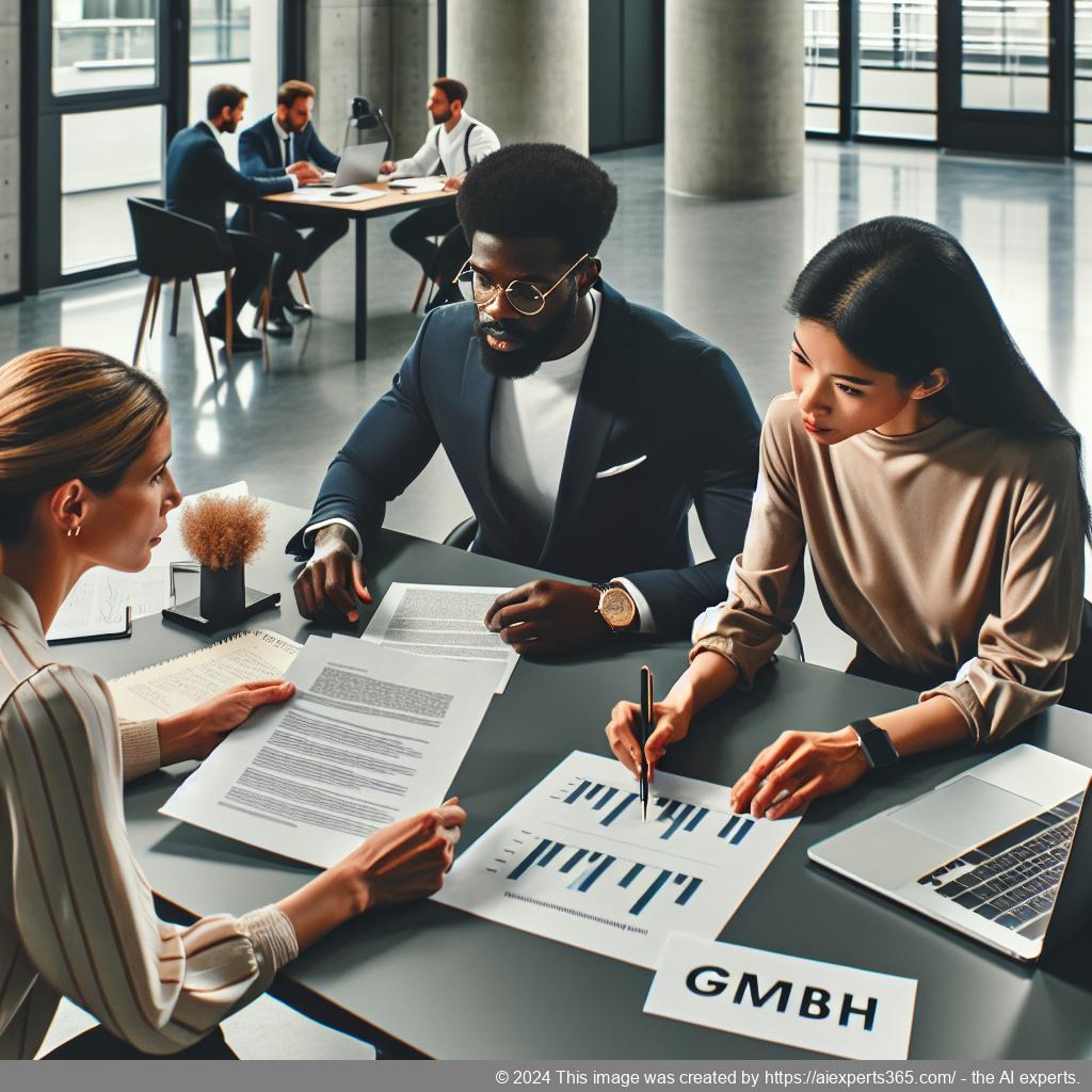 Grafik zur Unternehmensgründung einer GmbH mit Schlüsselbegriffen wie Haftungsbeschränkung, Gesellschaftsvertrag und Handelsregister.