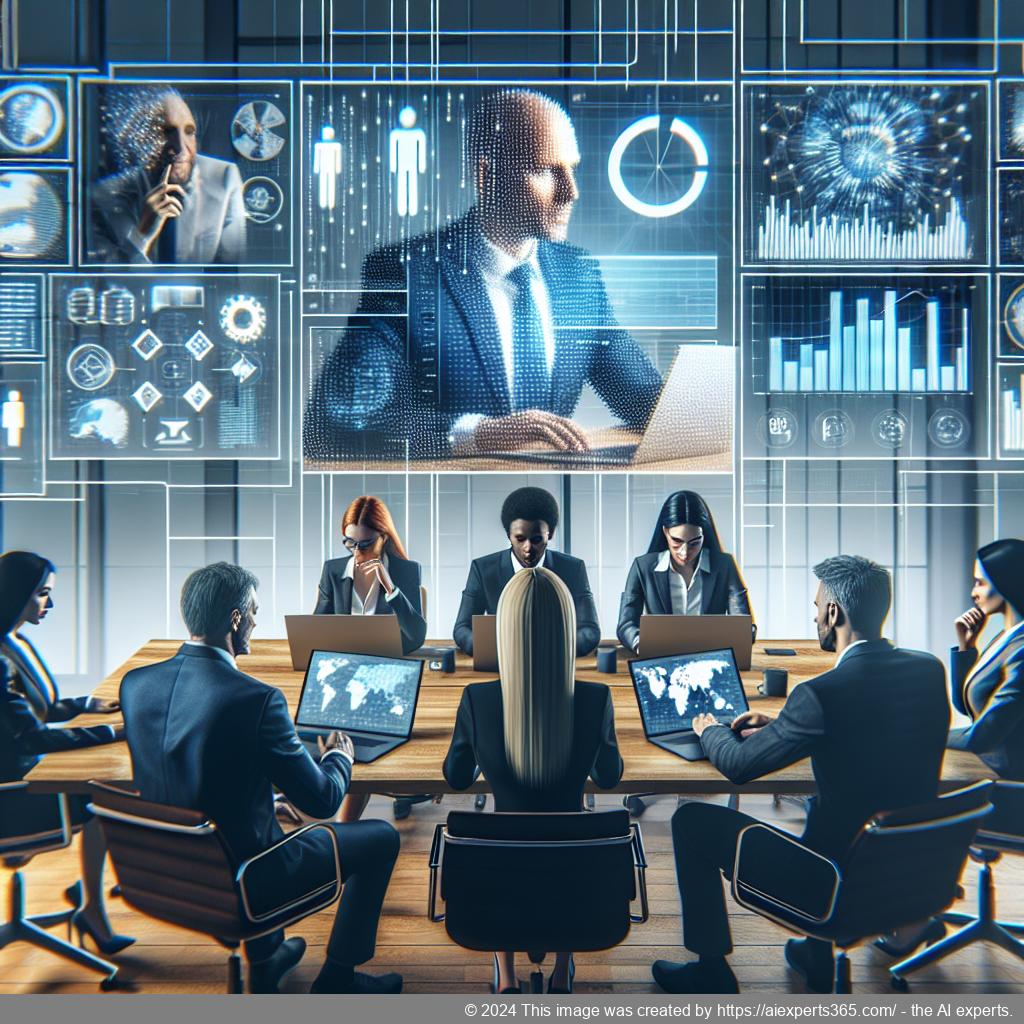 Grafik zeigt ein virtuelles Büro mit Teammitgliedern in Videokonferenzen, symbolisiert effektive Kommunikation im digitalen Arbeitsumfeld.