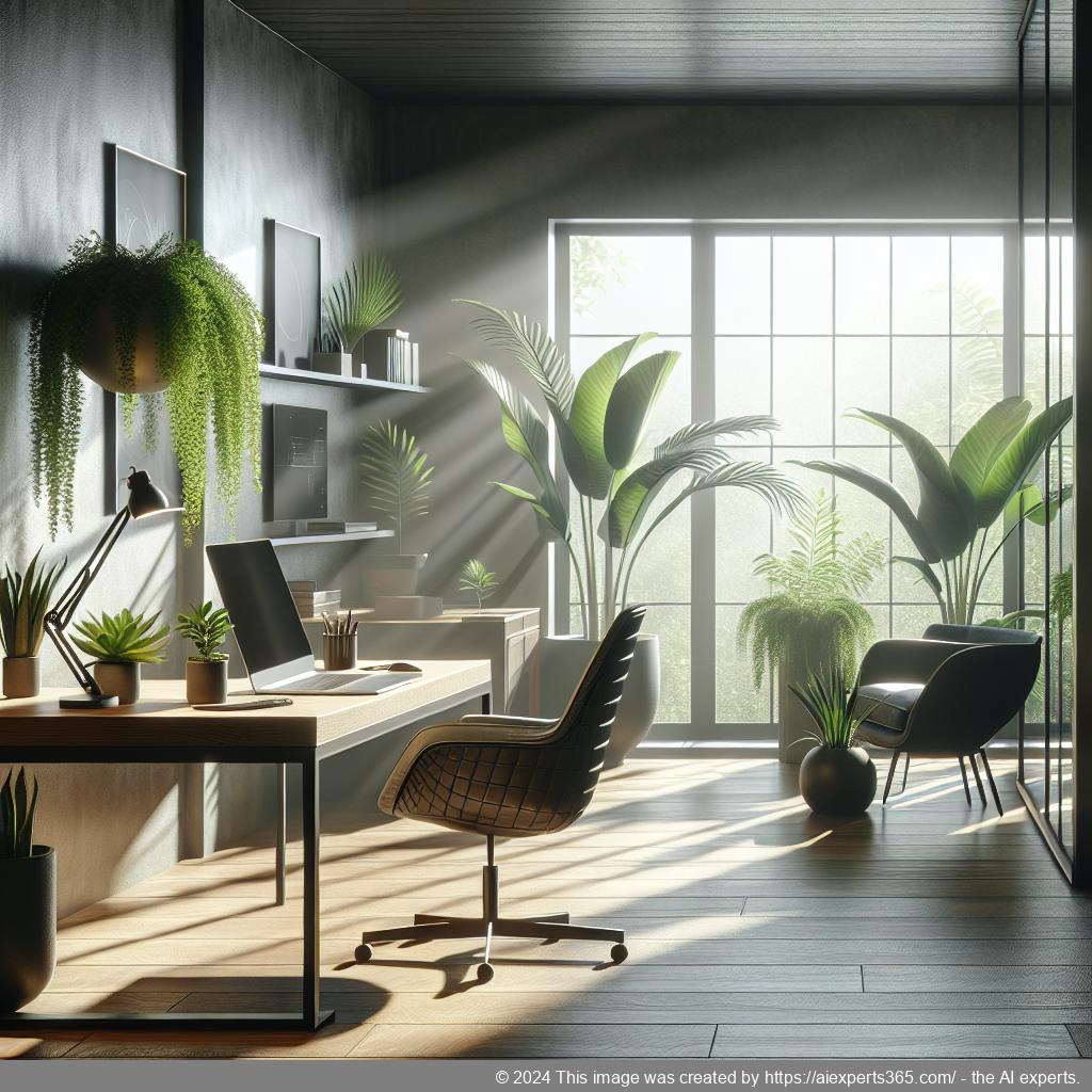 Ein modernes Homeoffice mit einem Laptop auf einem Schreibtisch neben Pflanzen; symbolisiert Effizienz und Flexibilität im virtuellen Büro.