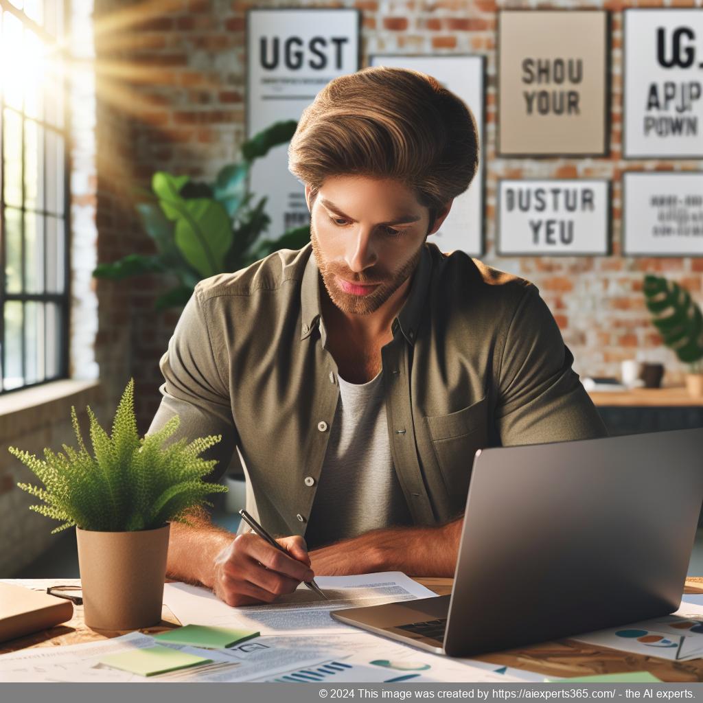 Grafik zeigt einen deutschen Unternehmer bei der Planung seiner erfolgreichen Start-up UG mit Notizen und Laptop.