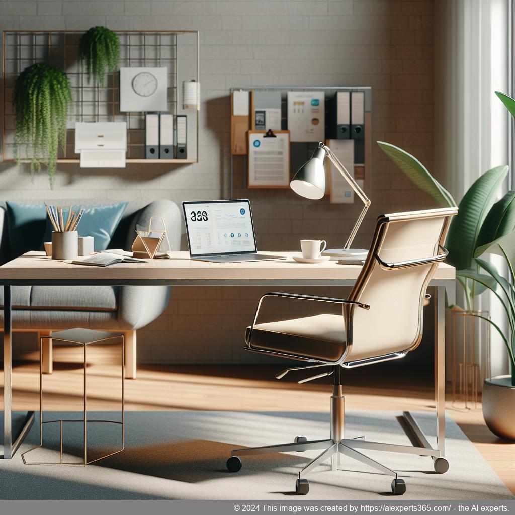 Ein modernes virtuelles Büro mit einem Schreibtisch und Laptop symbolisiert Flexibilität und Kosteneffizienz.