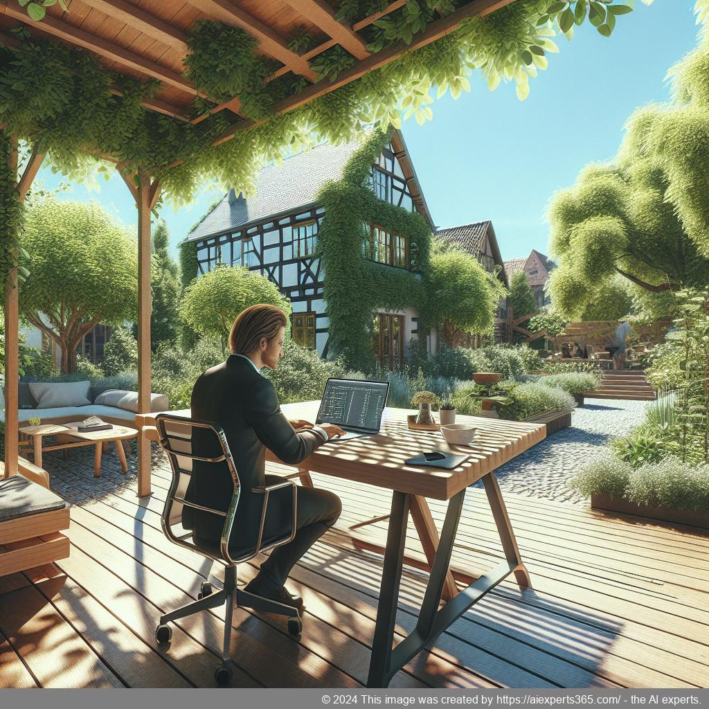 Grafik eines modernen Arbeitsumfelds mit einem Laptop auf einem Tisch im Freien; symbolisiert Flexibilität durch ein virtuelles Büro als Firmensitz.