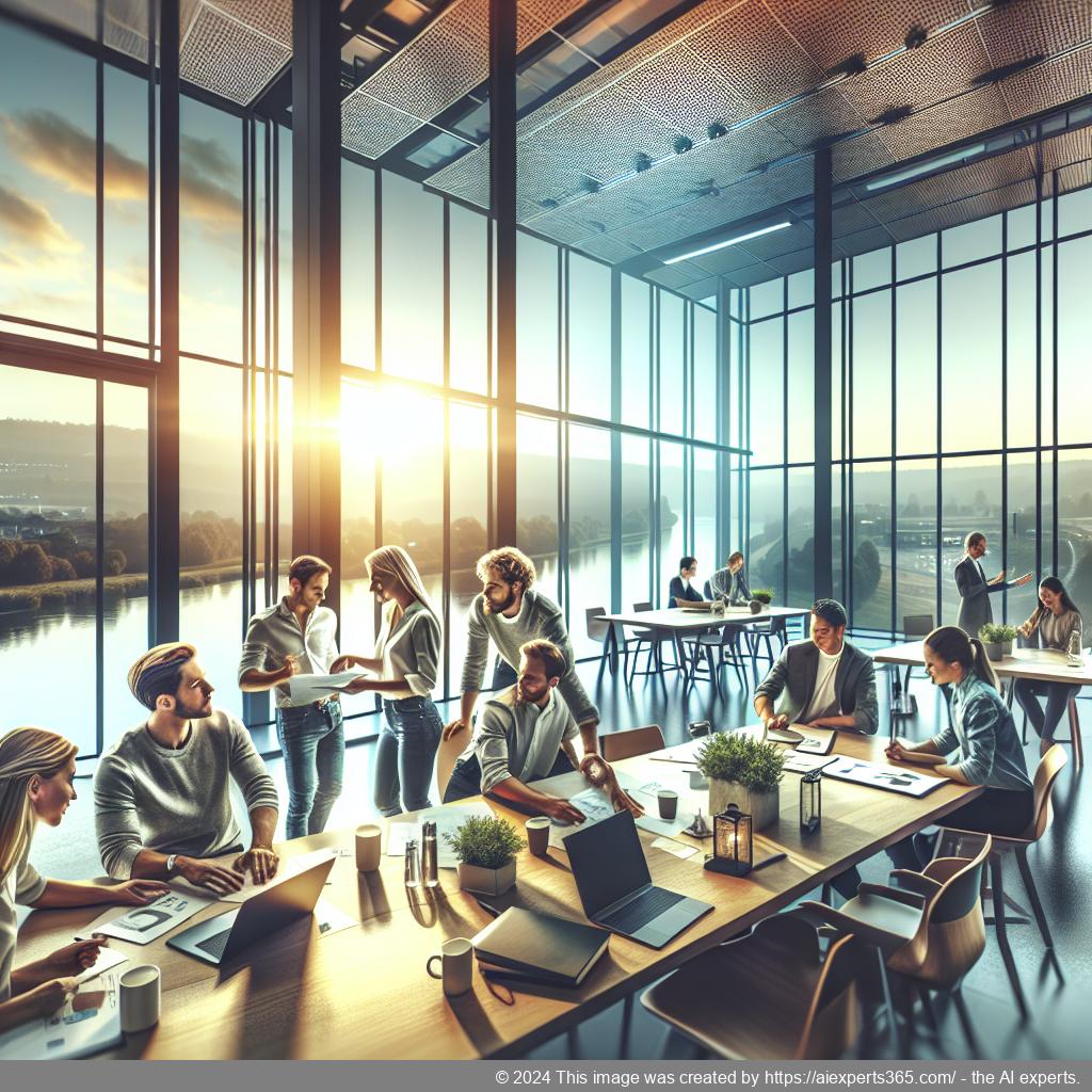 Grafik zur Unternehmensgründung am Niederrhein mit Symbolen für Infrastruktur, Unterstützung und Innovation.