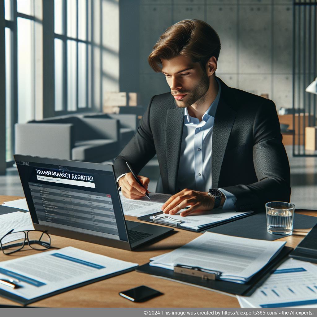 Illustration eines Unternehmensgründers bei der Online-Anmeldung im Transparenzregister mit Laptop.