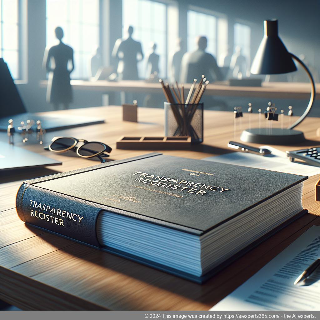 Bild eines offenen Buches mit dem Titel 'Transparenzregister' auf einer Holztisch-Oberfläche