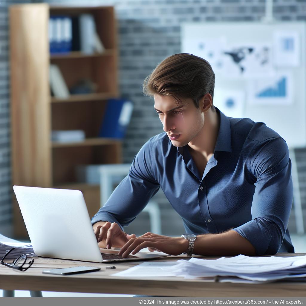 Illustration eines deutschen Unternehmers bei der Gründung seiner Unternehmergesellschaft (UG), symbolisiert durch Dokumente und ein Laptop.