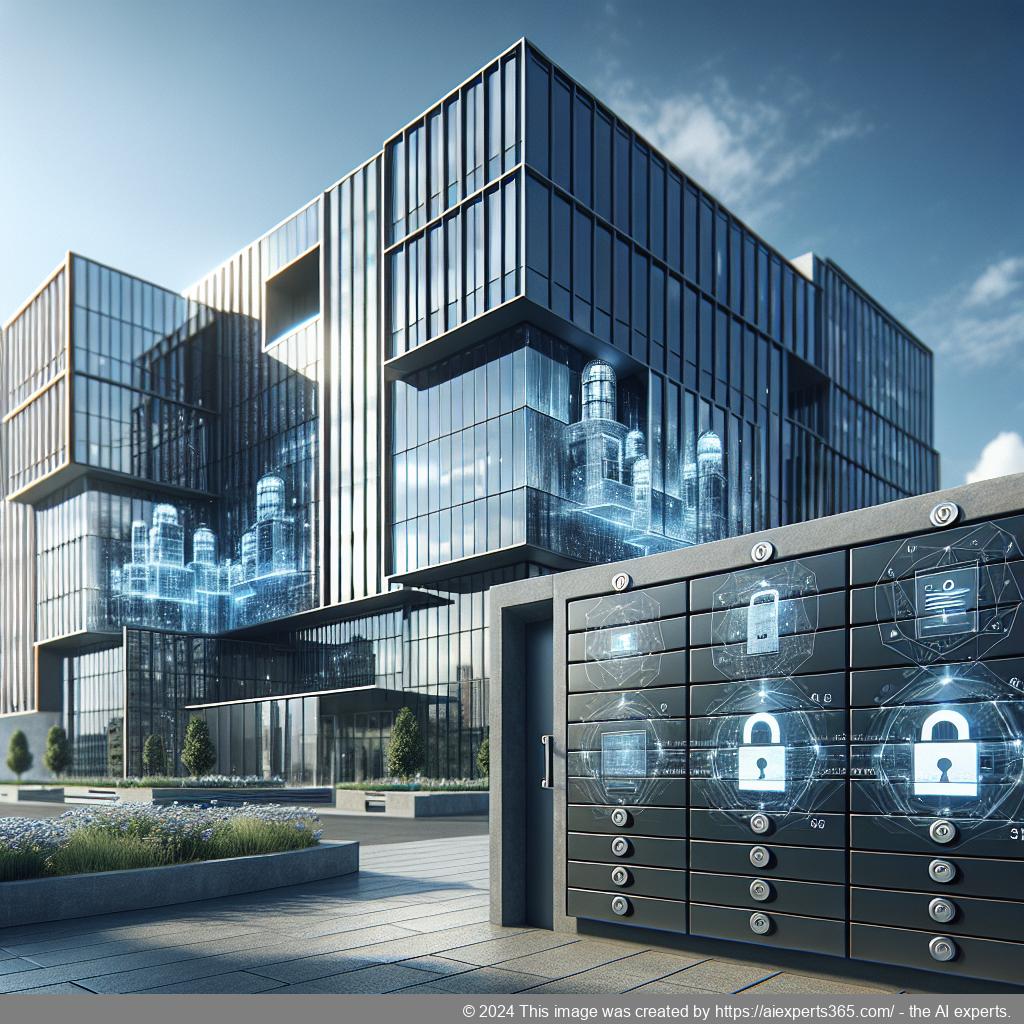 Sicheres Bürogebäude mit verschlüsselten Briefkästen symbolisiert den Schutz von Firmendaten durch sichere Postadressierung.