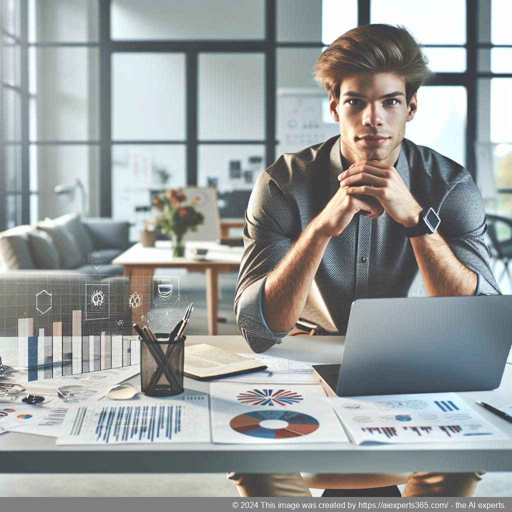 Ein erfolgreicher Unternehmer bei der Gründung seiner GmbH - symbolisiert durch einen Laptop und Unterlagen.