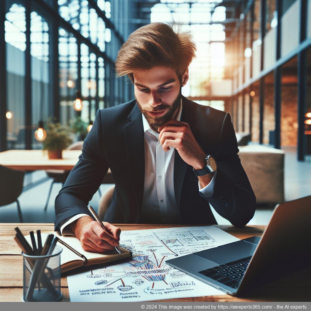 Ein motivierter Unternehmer plant seine Selbstständigkeit am Schreibtisch mit Notizen und Laptop.