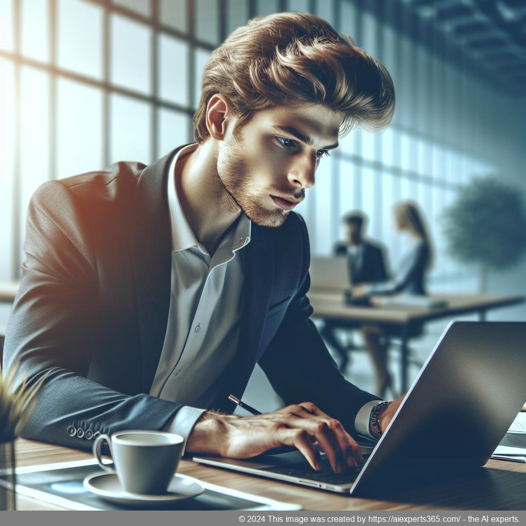 Ein junger Unternehmer arbeitet an seinem Laptop in einem modernen Büro, während er eine digitale Strategie für sein Online-Business plant.