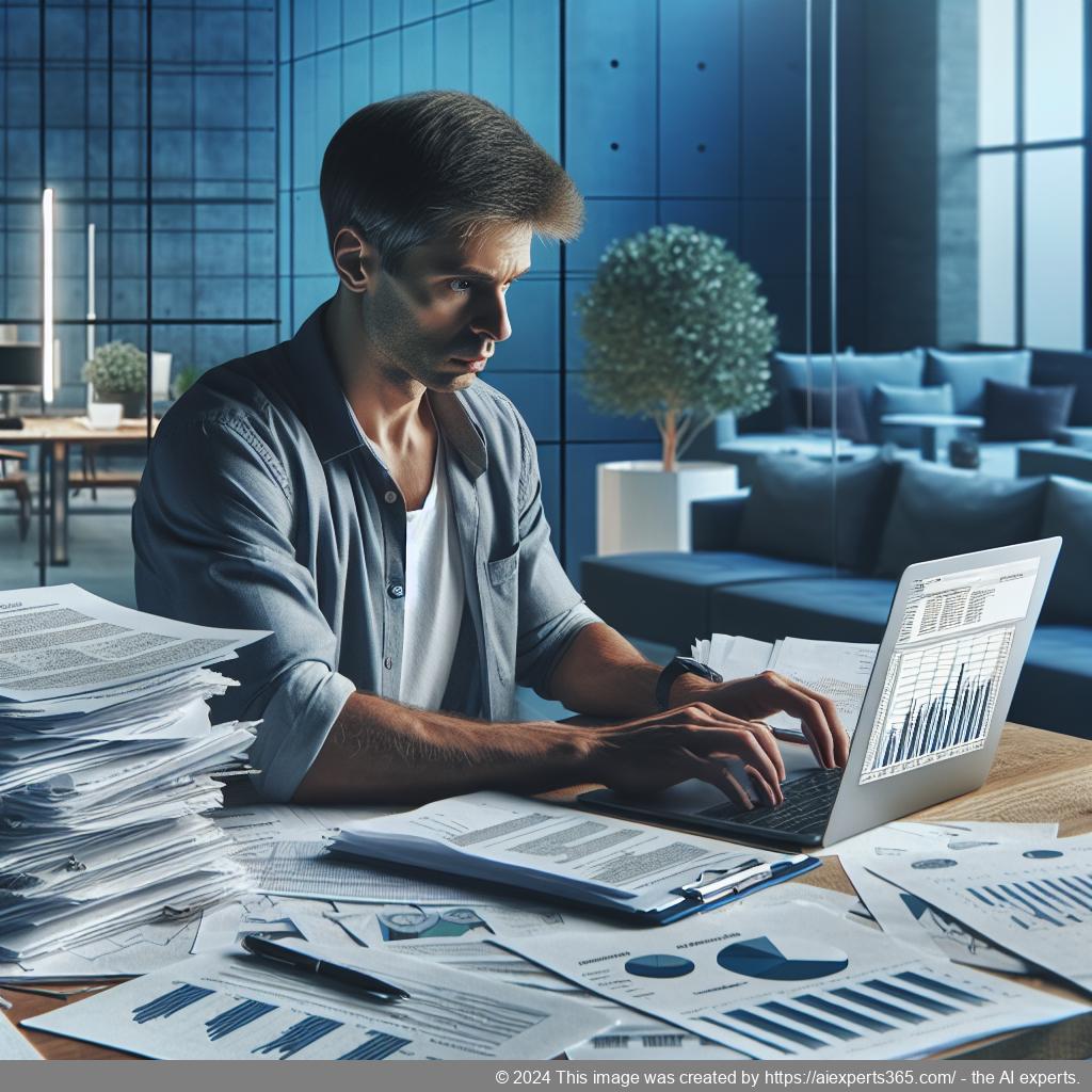 Grafik eines Unternehmers bei der Erstellung eines Businessplans mit Diagrammen und Notizen.