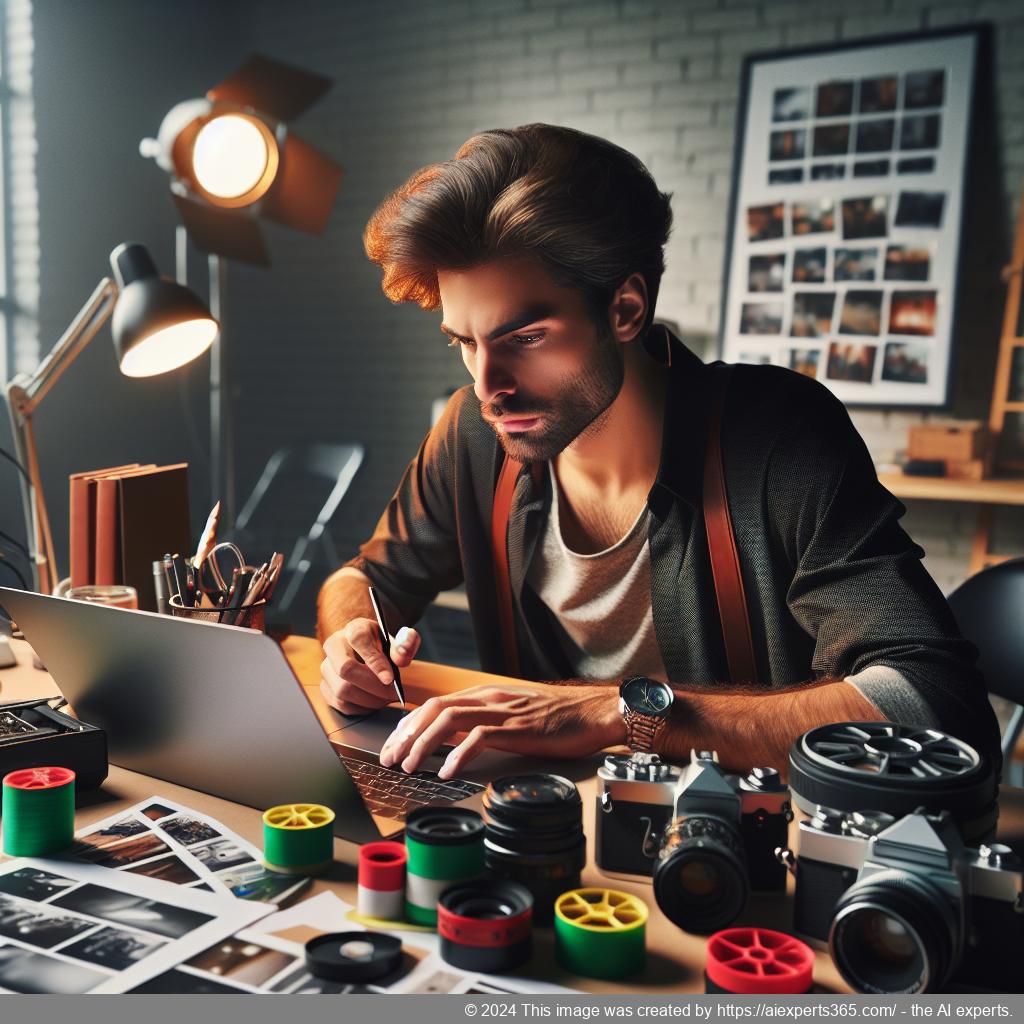 Ein junger deutscher Fotograf arbeitet an seinem Laptop mit Kameraausrüstung auf dem Tisch; er plant seine Selbstständigkeit.